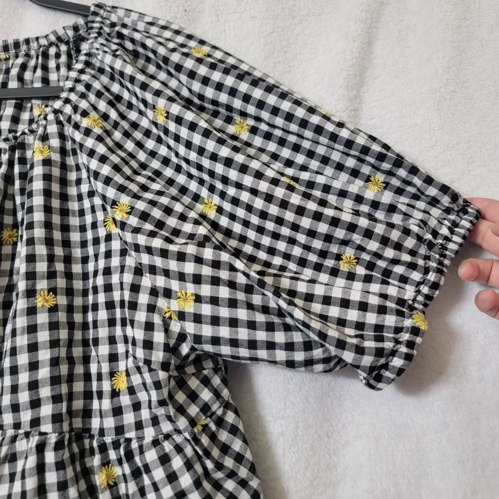Old Navy Short Puff Sleeve Top Woms XL Gingham Embroidered Daises Boho Cottageco